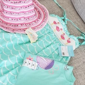 Anavini Hand Smocked 4T Flamingo 3 Pc Set Tshirt + Hat NWT all 3 items NEW